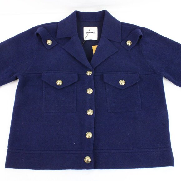 NWT Sandro Fleece Knit Coatigan with Lapel Shirt Collar in Blue/Gold FR Size 1 - Picture 3 of 15